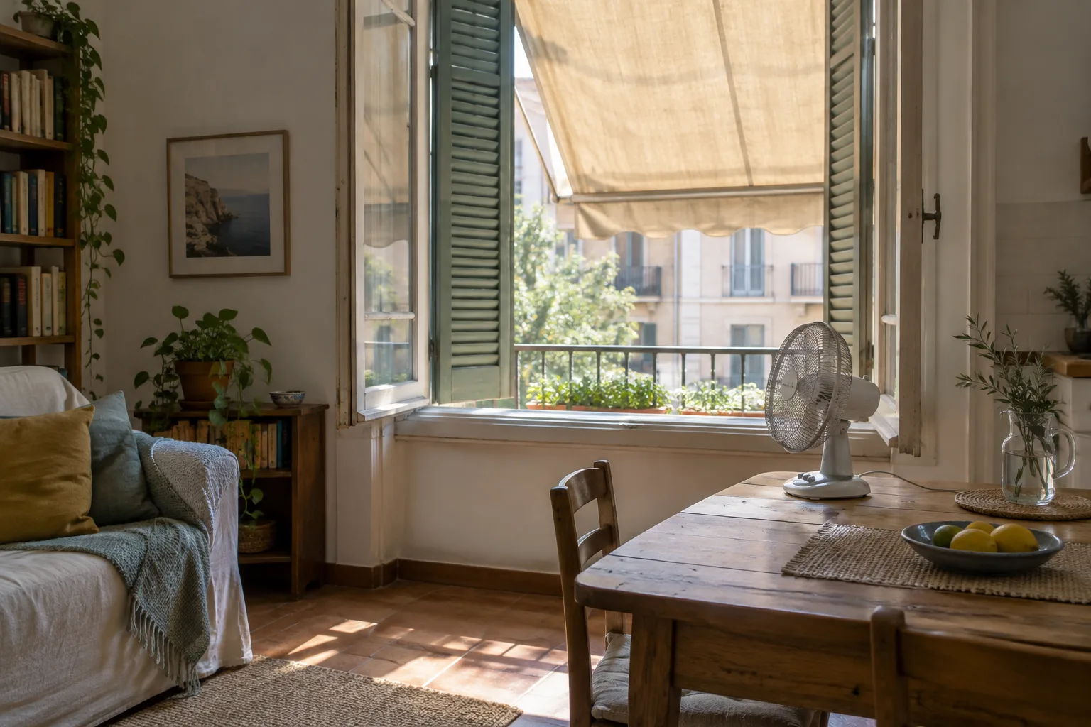 Fenêtre protégée du soleil par un store extérieur dans un appartement en été.