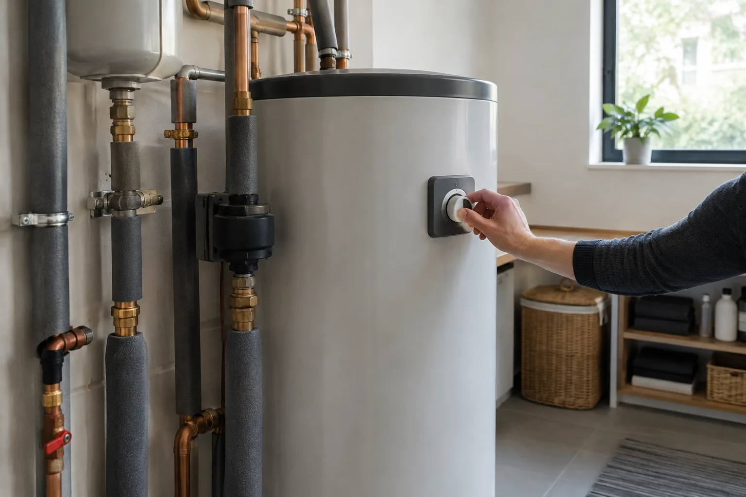 Ballon d’eau chaude et tuyaux isolés dans un local technique domestique.