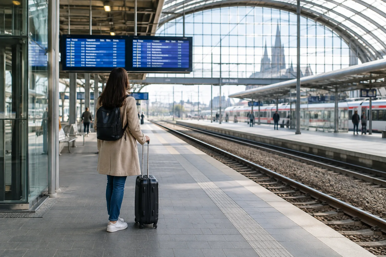 Un voyageur avec une valise attend dans une gare où plusieurs voies desservent des trains.