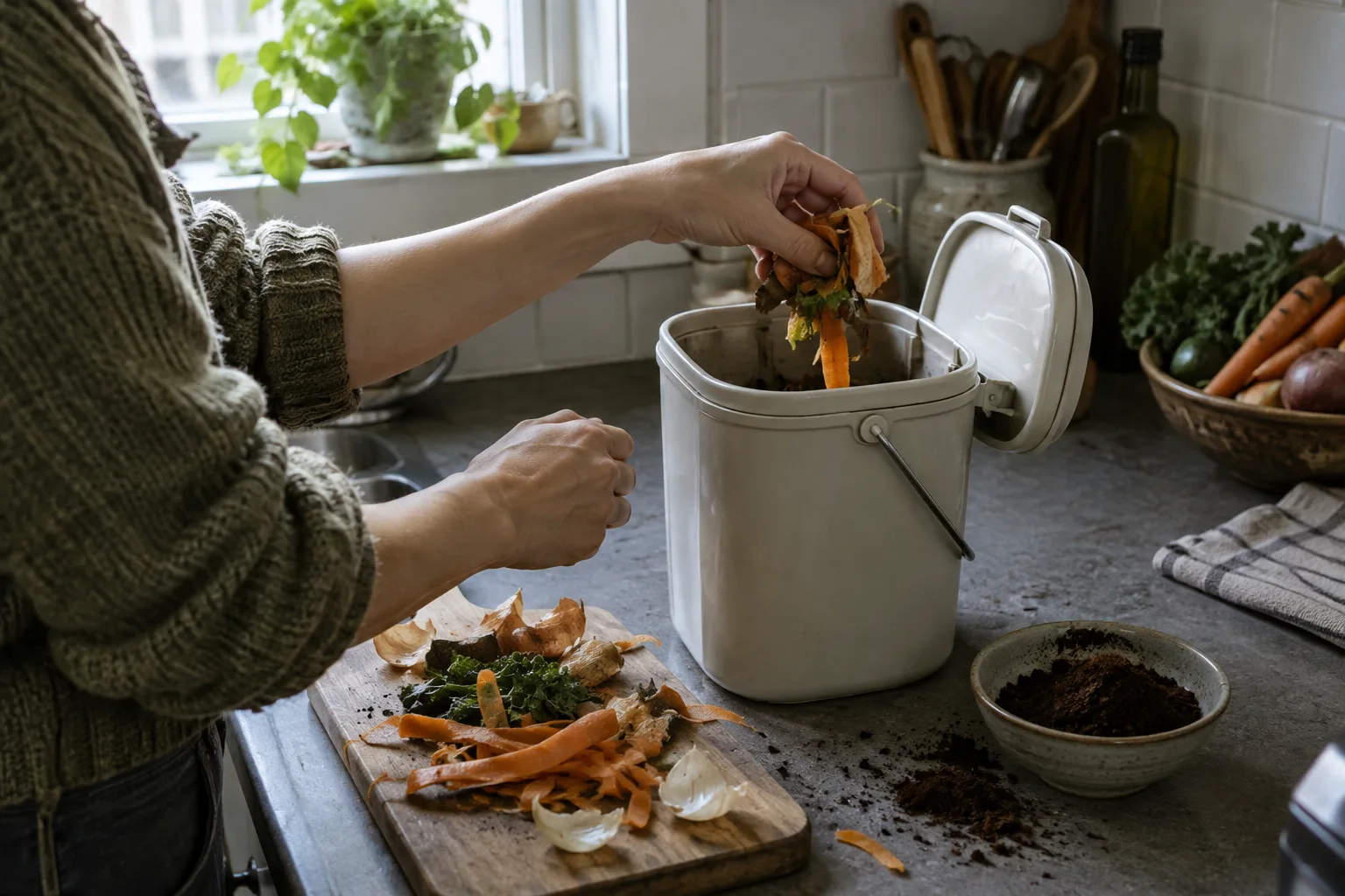 Une personne dépose des épluchures dans un bac de cuisine destiné aux déchets alimentaires.