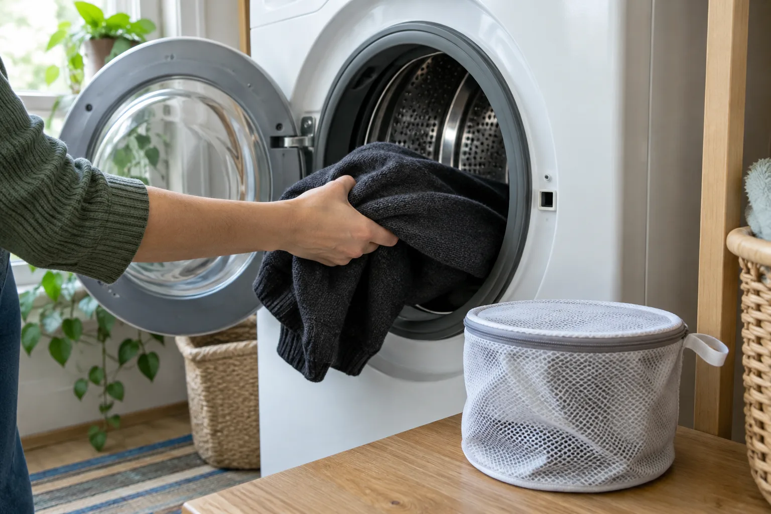 Un pull sombre prêt à être lavé, avec un sac de filtration posé à proximité de la machine.