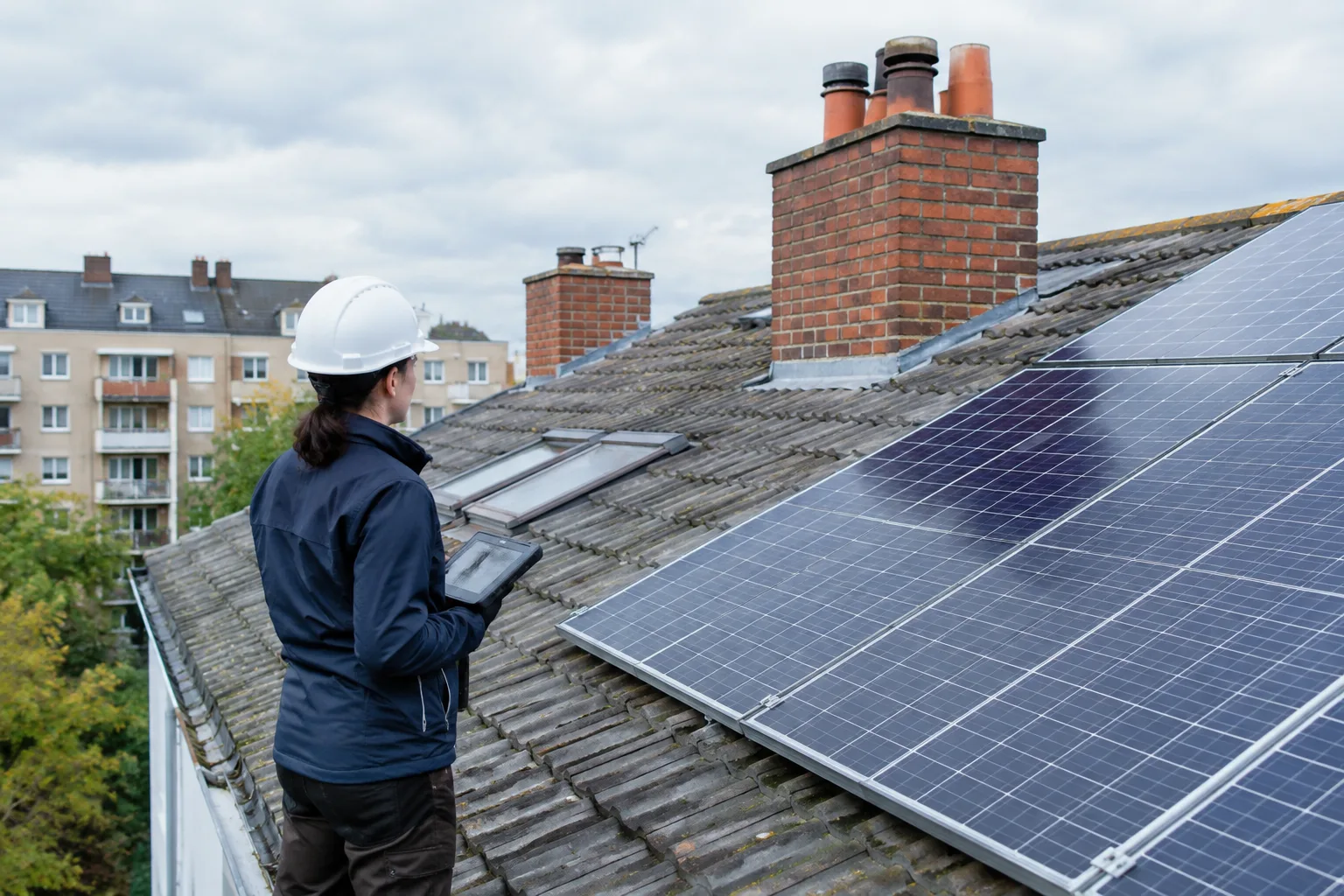 Inspection d’une toiture d’immeuble pour évaluer les conditions d’installation de panneaux solaires.
