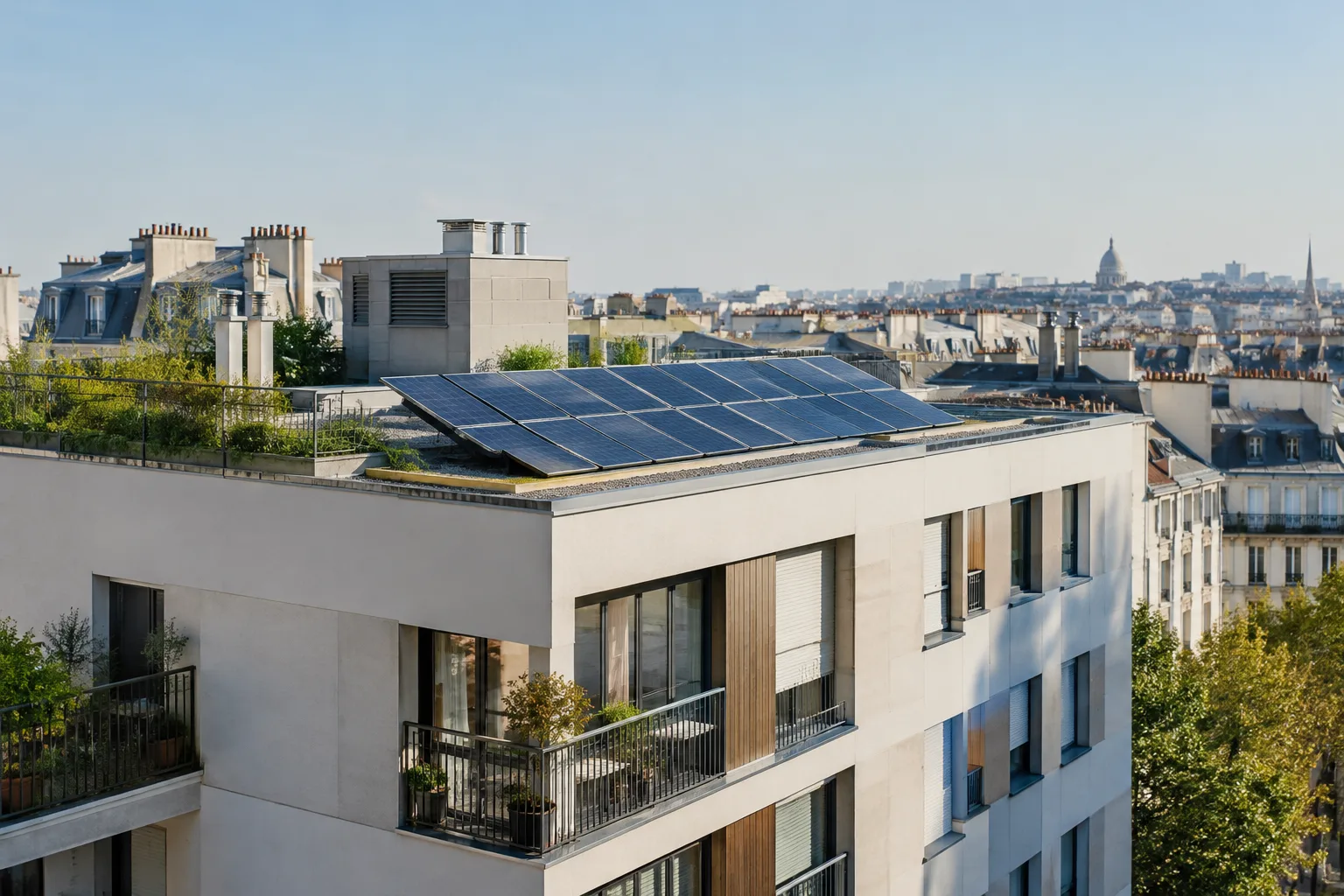 Panneaux photovoltaïques installés sur le toit d’un immeuble résidentiel.