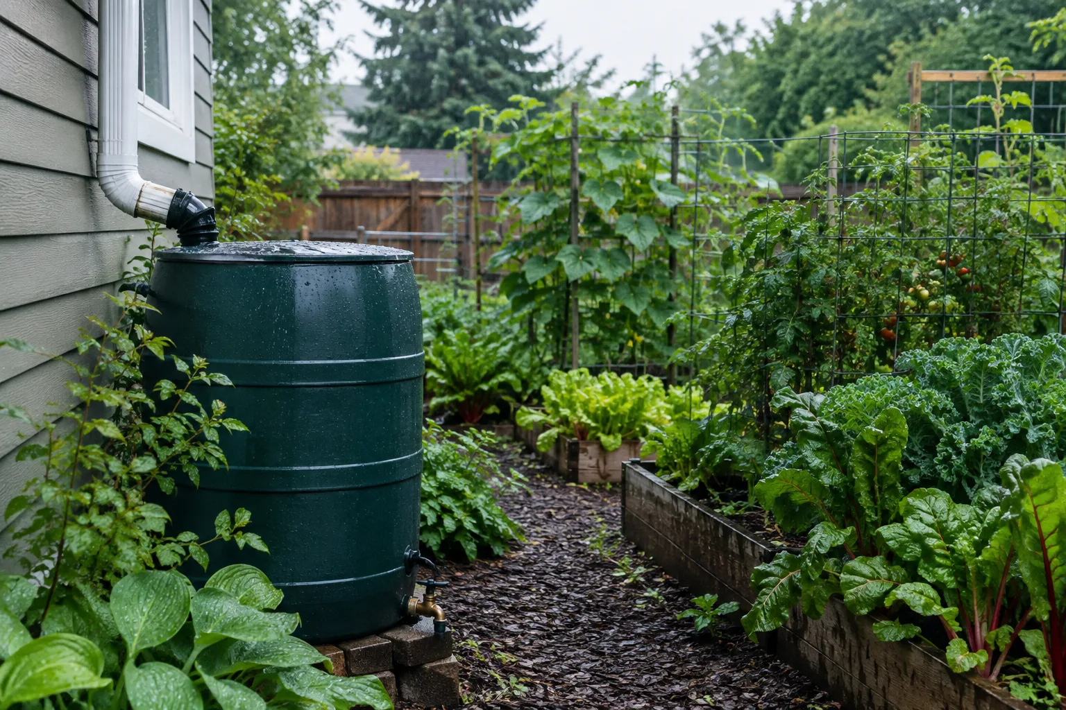 Cuve de récupération d’eau reliée à une gouttière, installée près d’un potager.