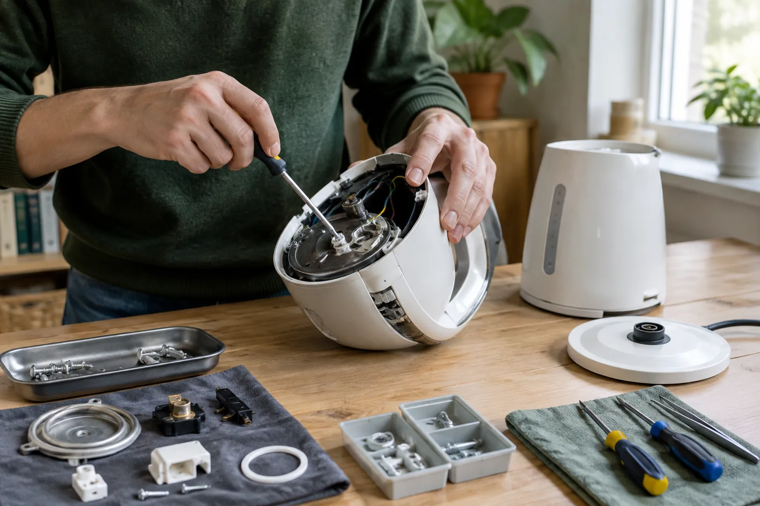 Un appareil électroménager ouvert sur un établi, avec des outils et des pièces disposés à côté.
