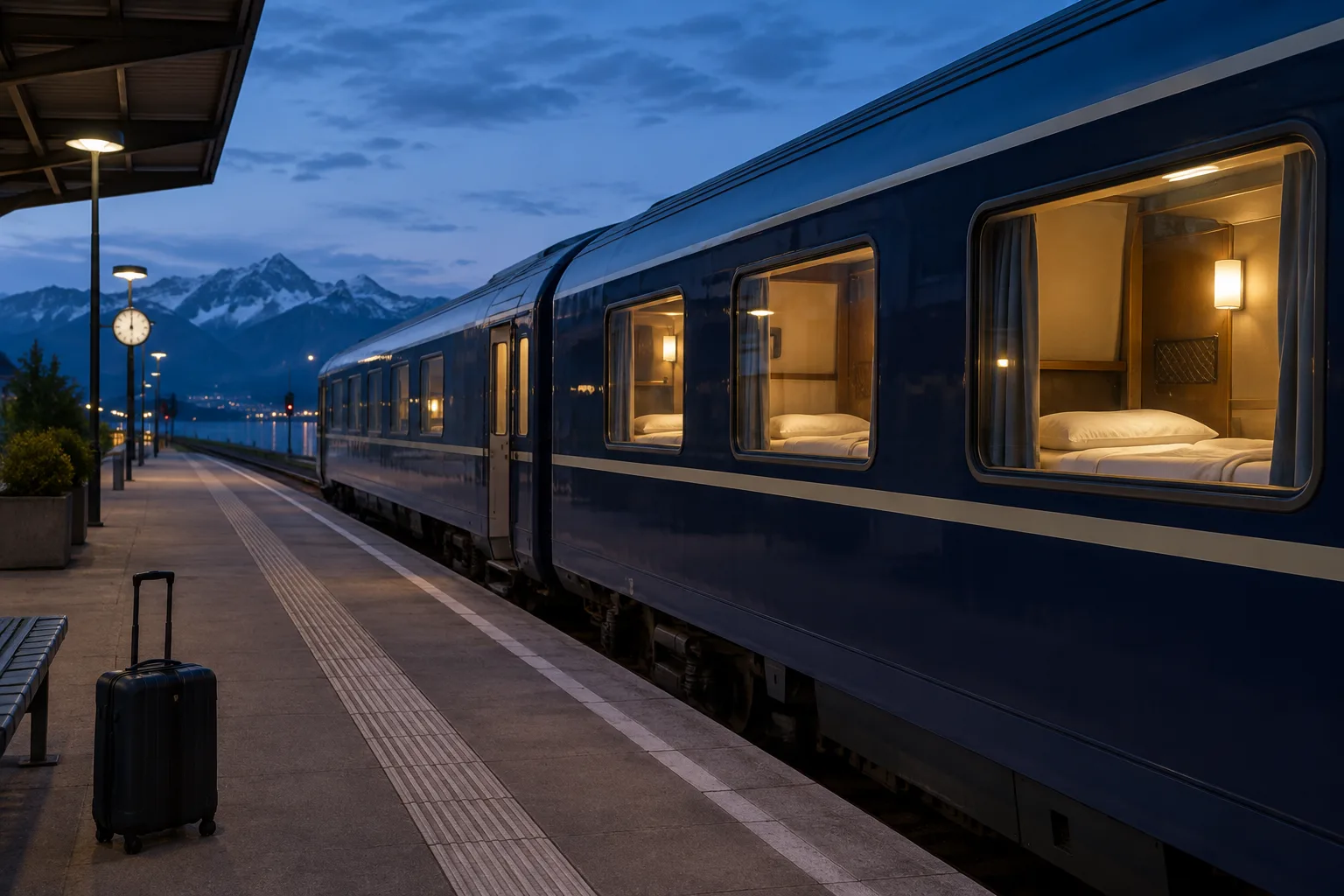 Train de nuit à quai dans une gare européenne, avec les fenêtres éclairées des voitures-couchettes.