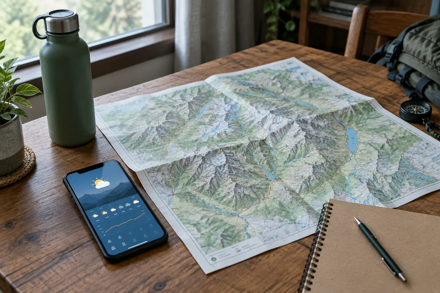 Carte de montagne, carnet et téléphone réunis pour préparer un séjour en tenant compte de la météo.