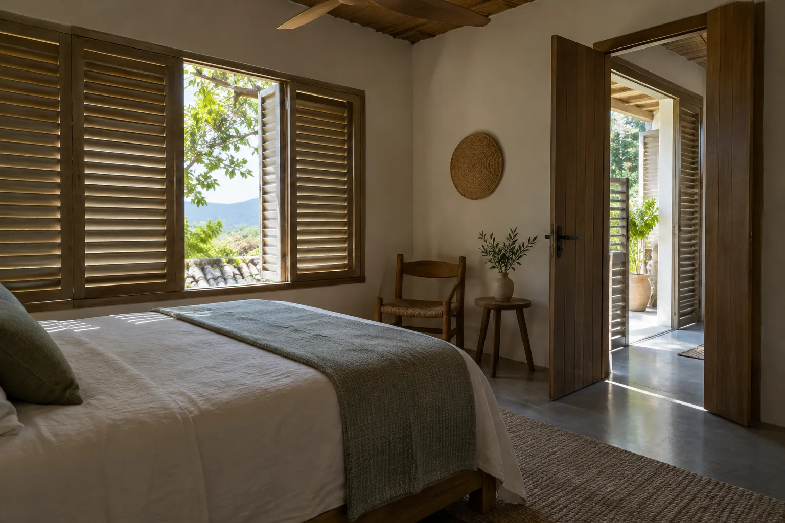 Chambre simple avec volets extérieurs fermés en partie pour limiter l’entrée du soleil.