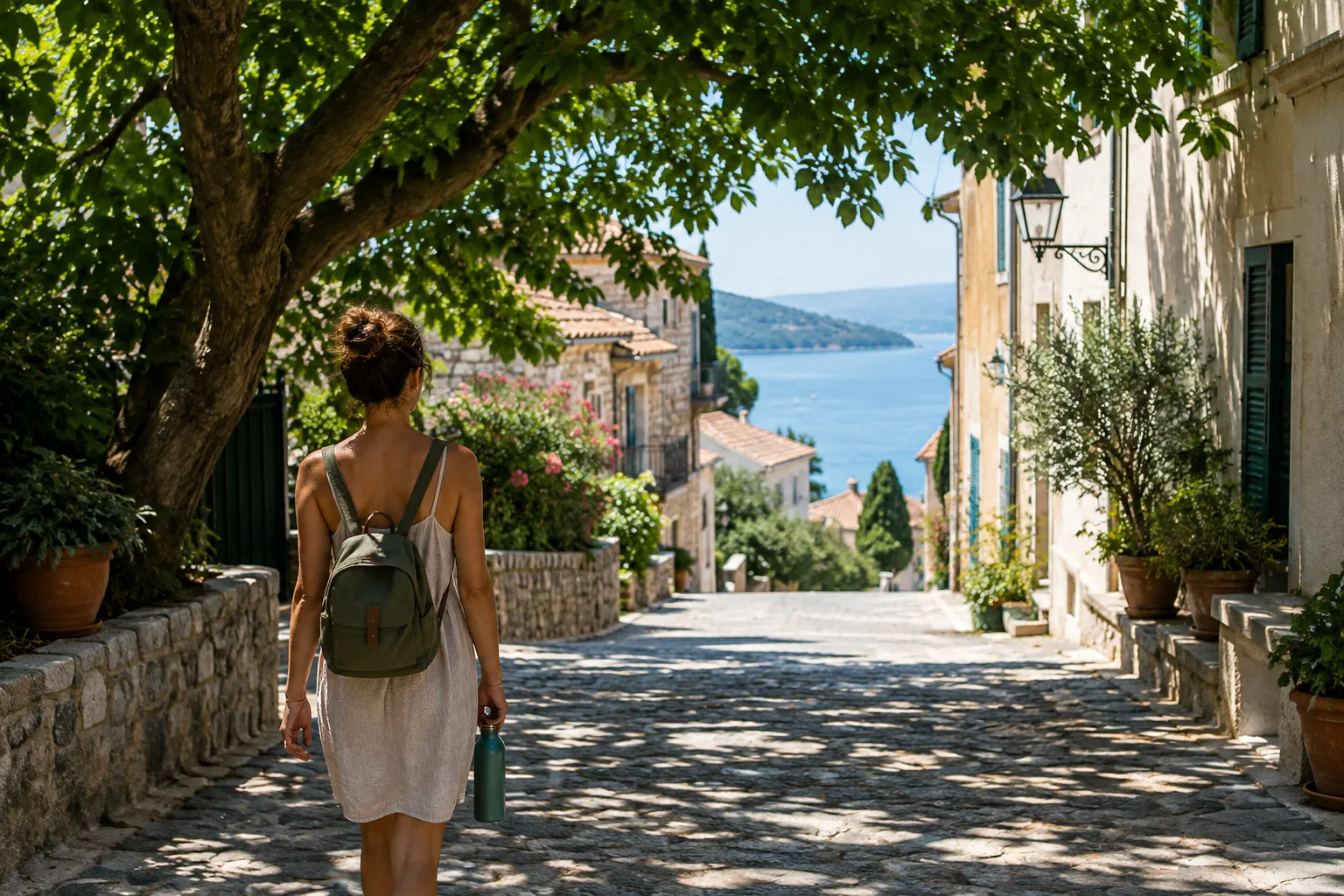 Une rue de village ombragée où un voyageur marche avec un petit sac en été.
