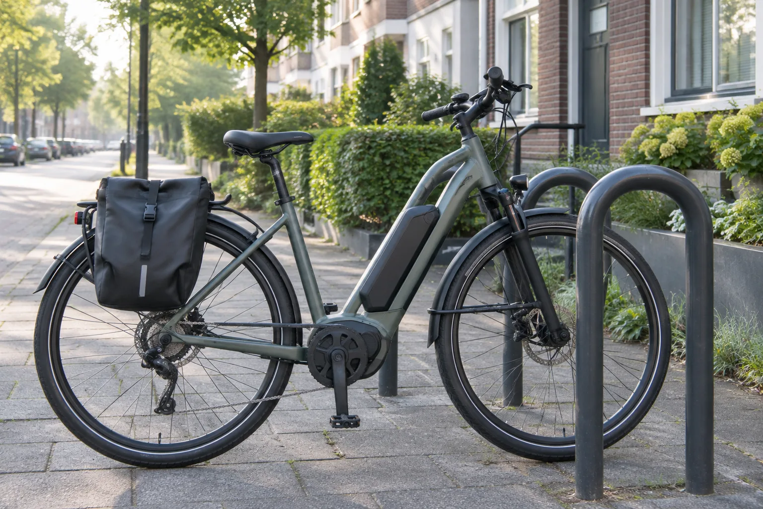 Vélo à assistance électrique équipé d’un porte-bagages, stationné près d’un arceau dans une rue résidentielle.
