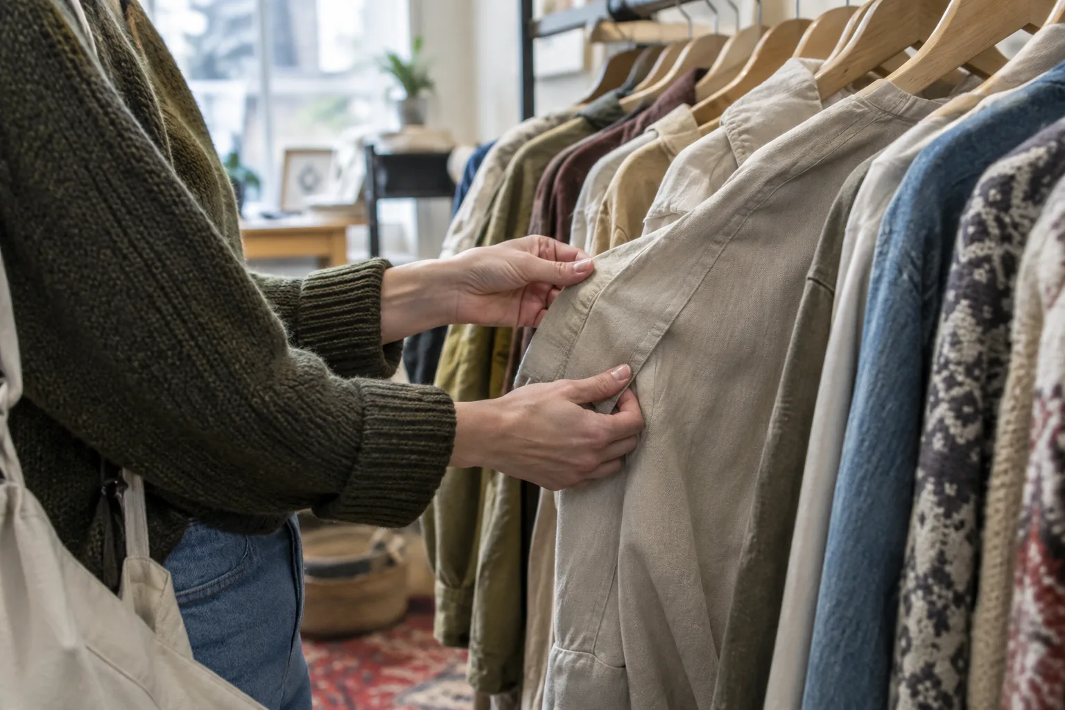 Une personne examine les coutures d’un vêtement sur un portant de friperie.