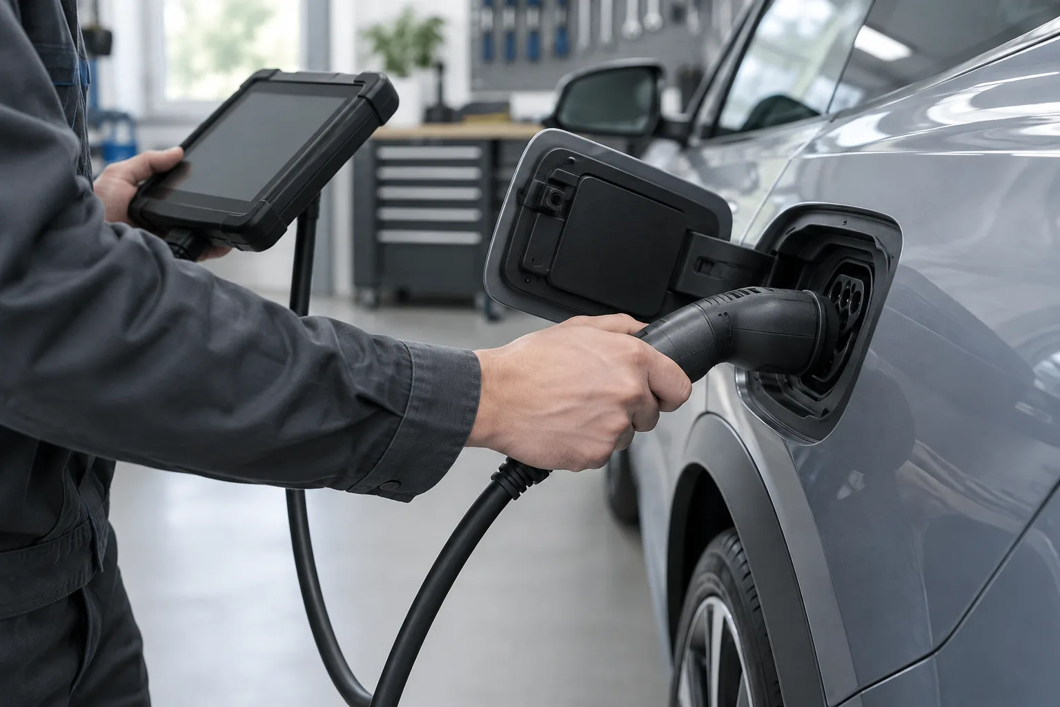 Un technicien branche un appareil de diagnostic sur une voiture électrique dans un atelier.