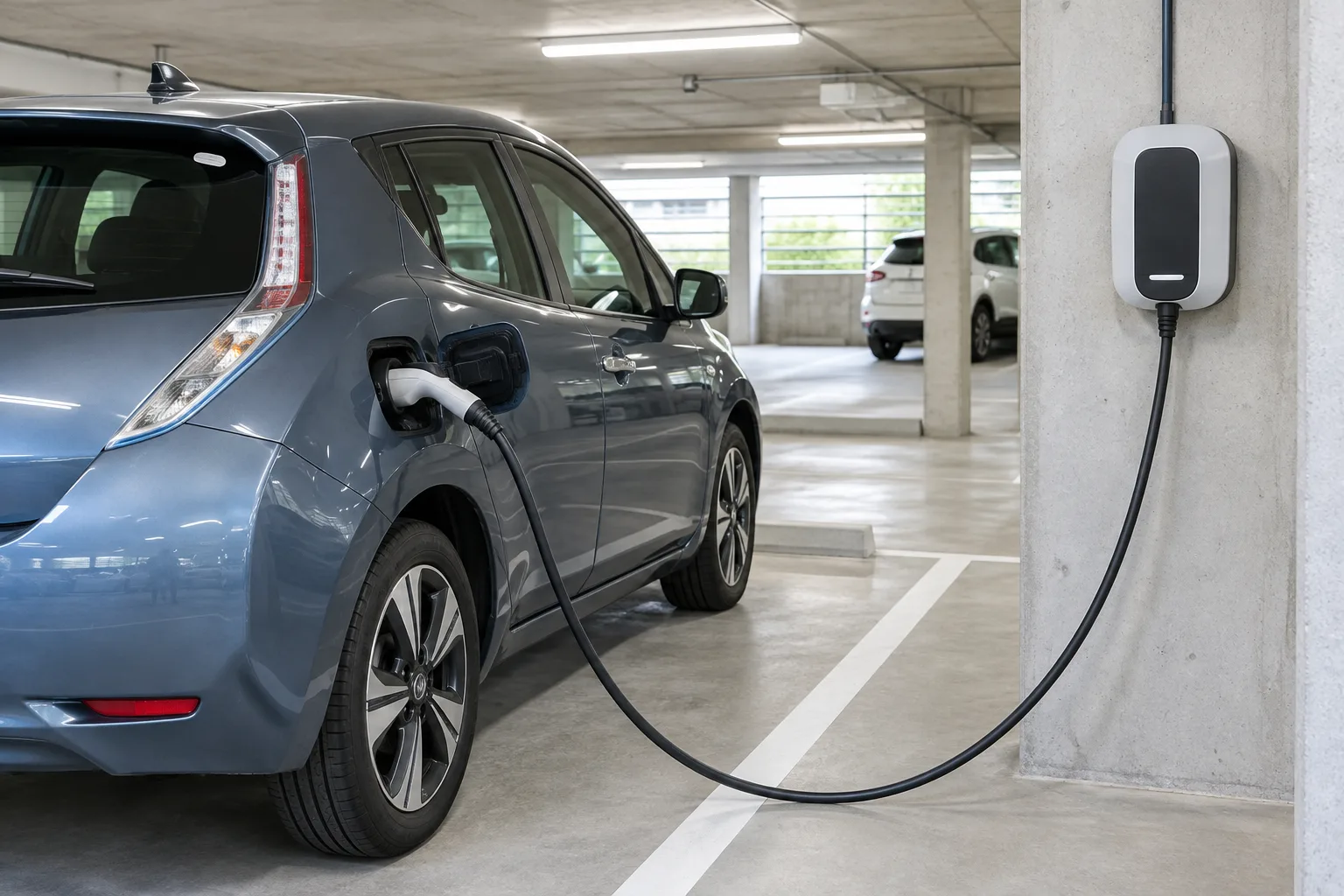 Une voiture électrique se recharge sur une borne murale dans le parking d’un immeuble.