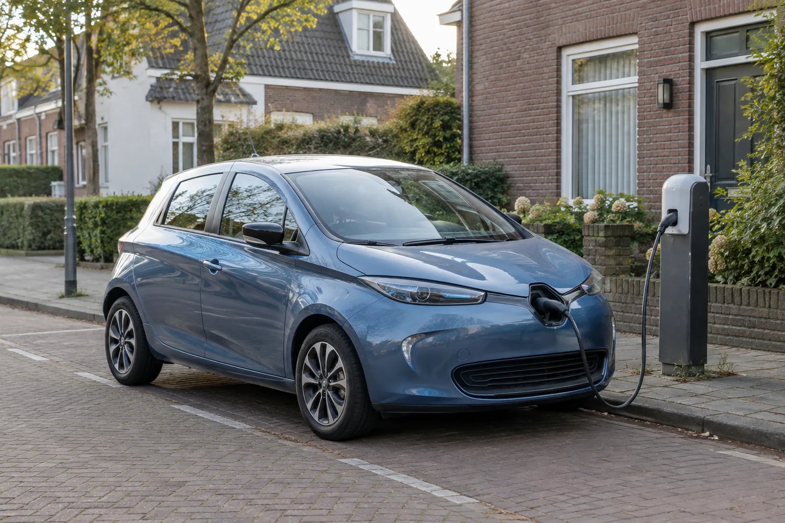Voiture électrique d’occasion stationnée près d’une borne de recharge résidentielle.